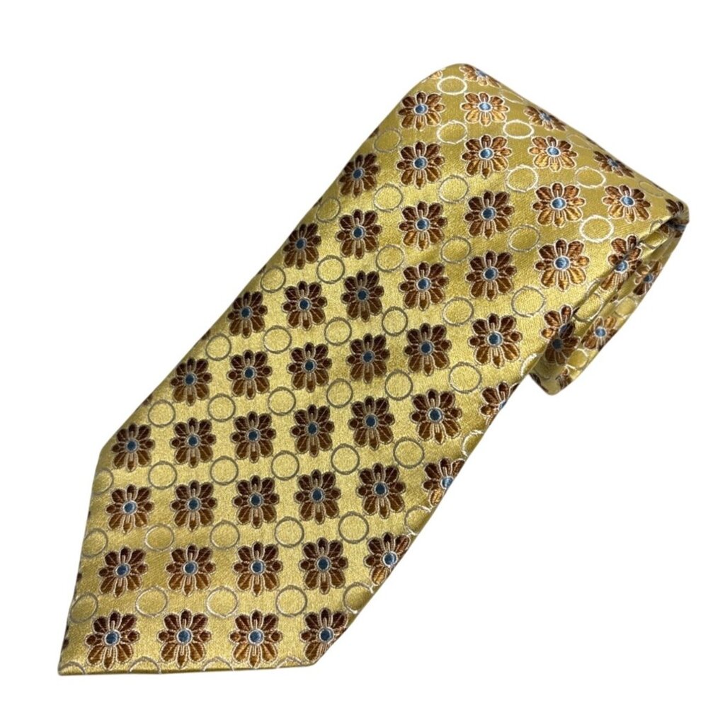 Principe Tie Mens 100% Silk Floral Patterned Pale Yellow Brown Blue Italy